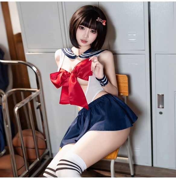 FEE ET MOI - Schoolgirl Style Butterfly Open-Crotch Lingerie Set (Blue - White)